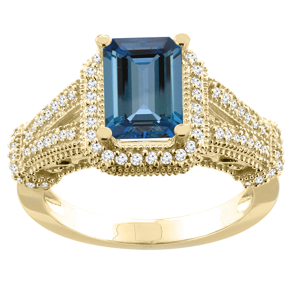 14K White/Yellow/Rose Gold Natural London Blue Topaz Ring Octagon 8x6mm Diamond Accent, sizes 5-10