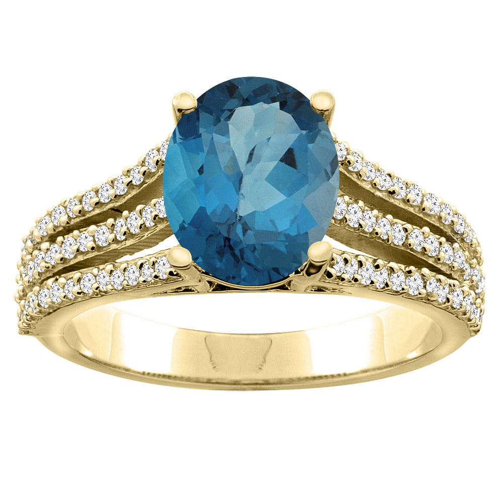 14K Yellow Gold Natural London Blue Topaz Tri-split Ring Cushion-cut 8x6mm Diamond Accents 5/16 inch wide, sizes 5 - 10