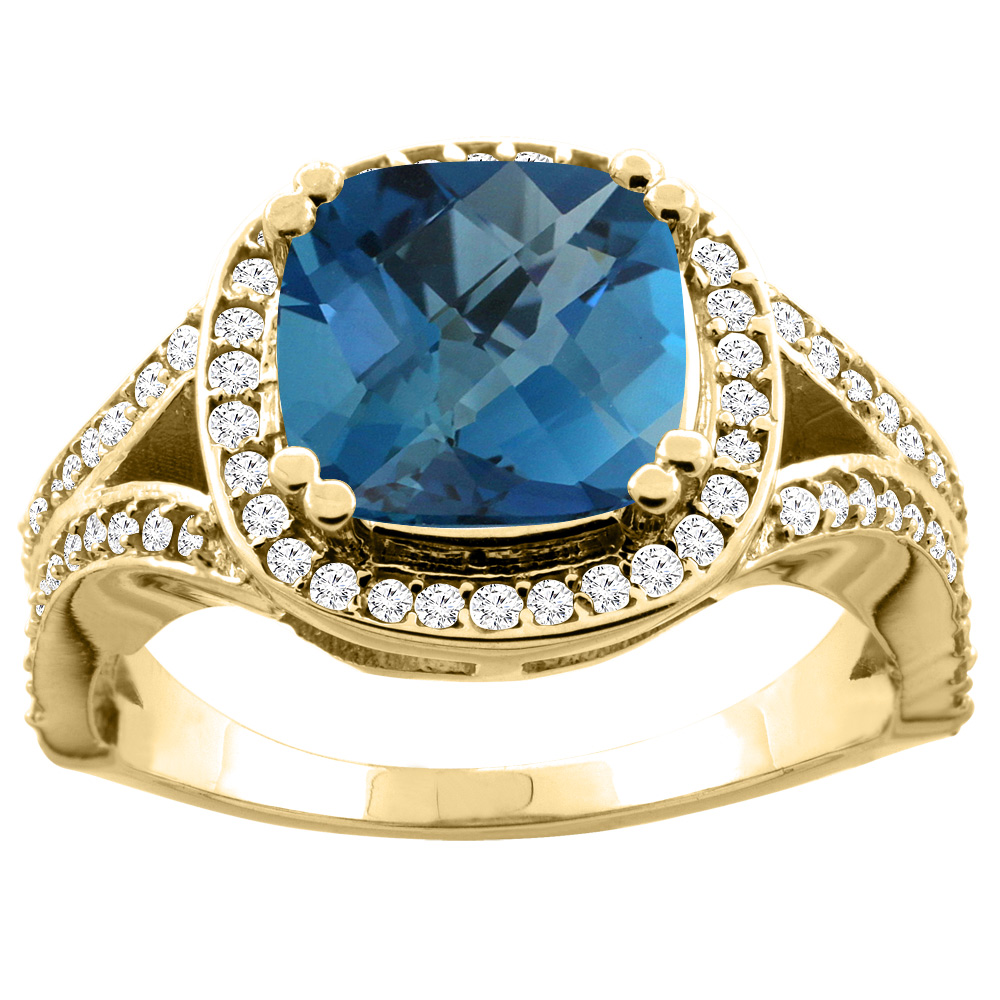 10K Yellow Gold Natural London Blue Topaz Split Ring Cushion 8x8mm Diamond Accent, sizes 5 - 10