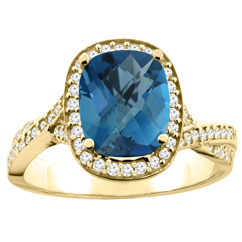 14K Yellow Gold Natural London Blue Topaz Halo Ring Cushion 9x7mm Diamond Accent 1/2 inch wide, sizes 5 - 10