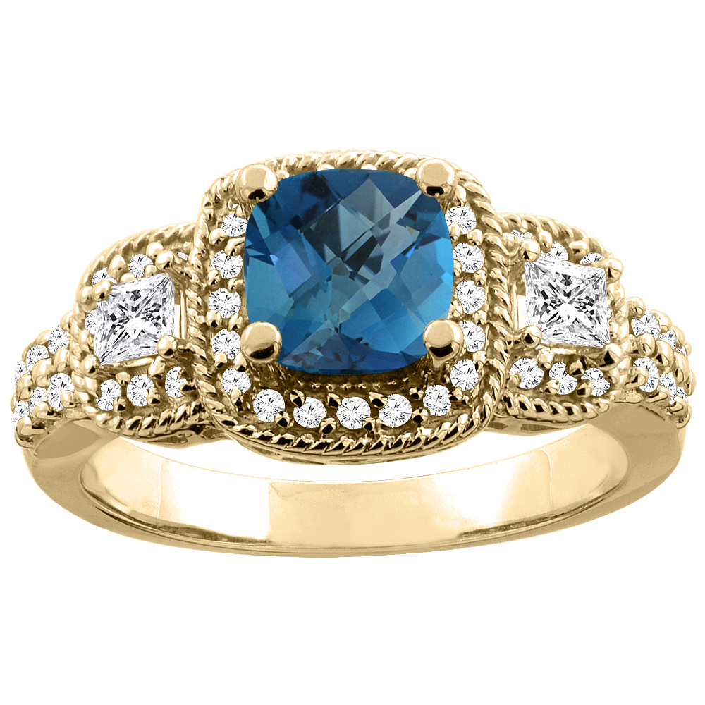 14K Yellow Gold Natural London Blue Topaz Ring Cushion-cut 6x6 mm Diamond Accent, sizes 5 - 10