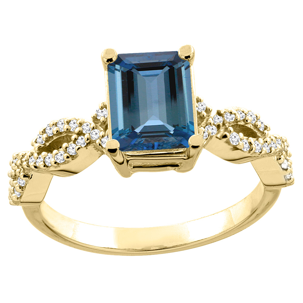 14K White/Yellow Gold Natural London Blue Topaz Eternity Ring Octagon 9x7mm Diamond Accent, sizes 5 - 10