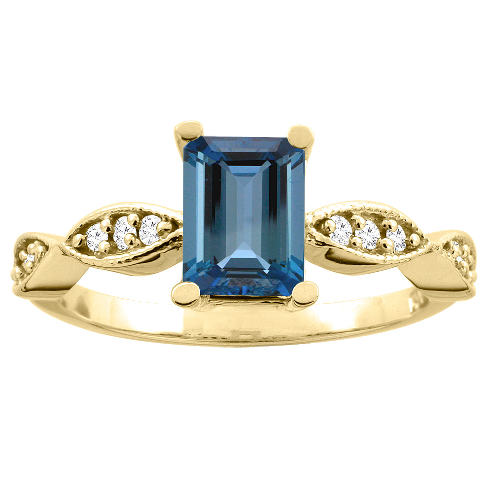 14K White/Yellow Gold Natural London Blue Topaz Ring Octagon 7x5mm Diamond Accents, sizes 5 -10