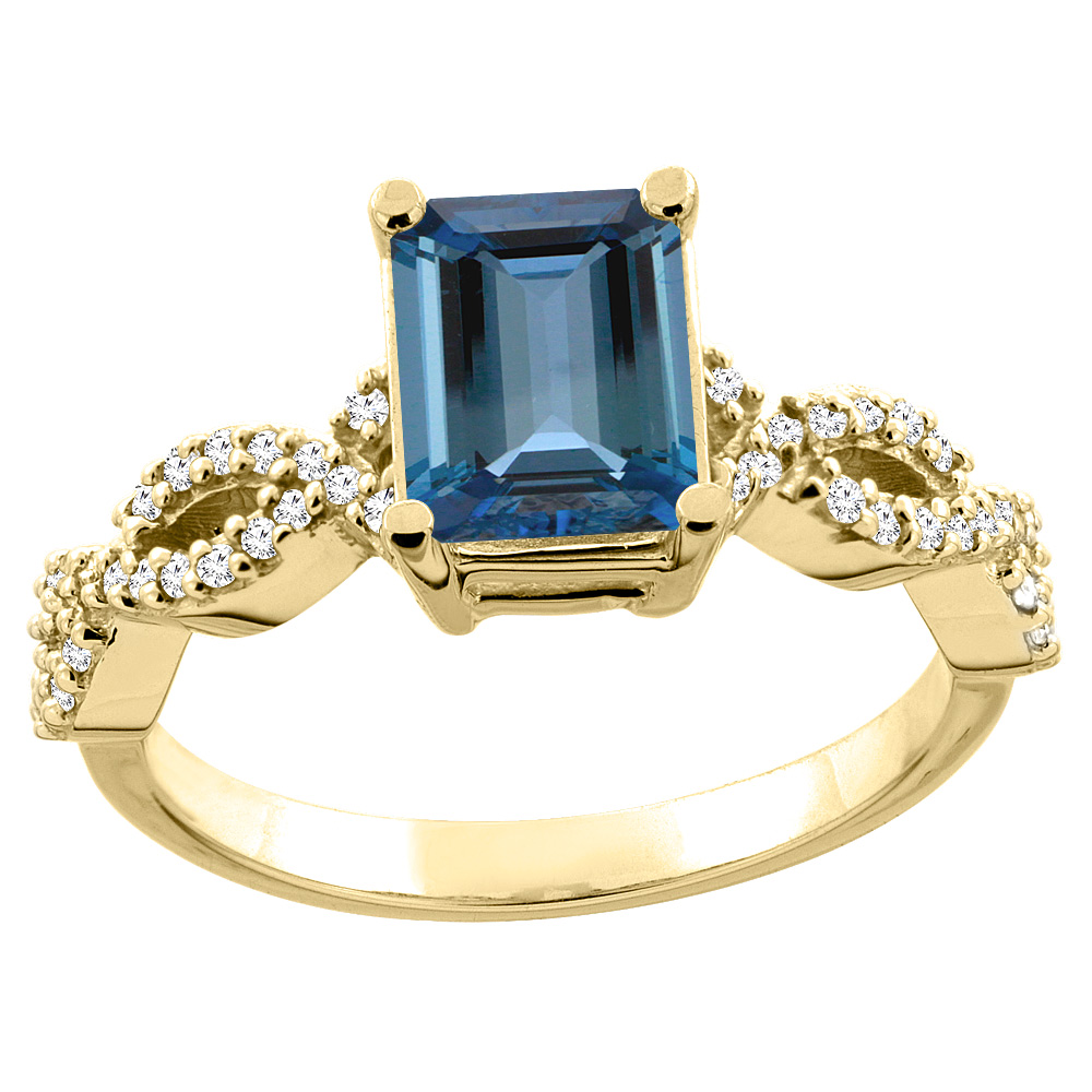 14K White/Yellow Gold/Yellow Gold Natural London Blue Topaz Ring Octagon 8x6mm Diamond Accent, sizes 5 - 10