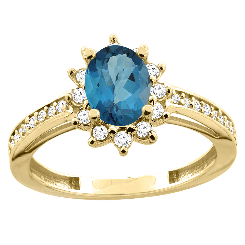 14K White/Yellow Gold Diamond Natural London Blue Topaz Floral Halo Engagement Ring Oval 7x5mm, sizes 5 - 10