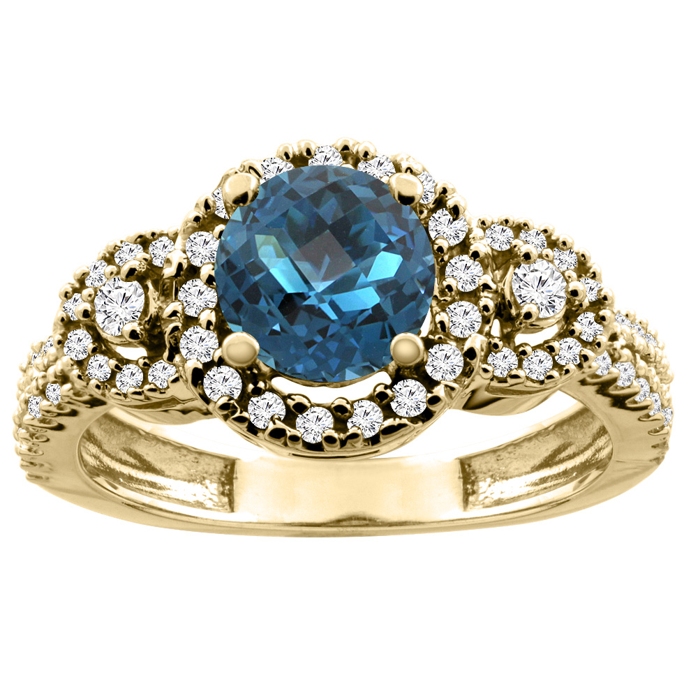 14K White/Yellow Gold Diamond Halo Natural London Blue Topaz Ring Round 6mm, sizes 5 - 10