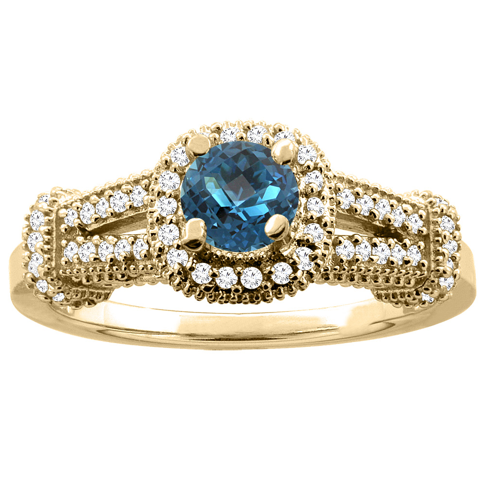 14K Yellow Gold Natural London Blue Topaz Engagement Halo Ring Round 5mm Diamond Accents, sizes 5 - 10
