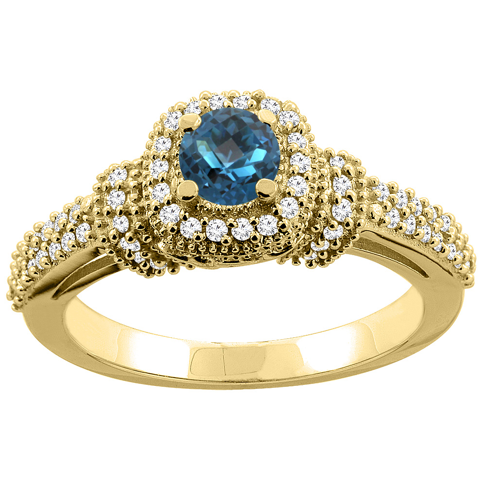 14K Gold Natural London Blue Topaz Engagement Halo Ring Round 5mm Diamond Accents, sizes 5 - 10