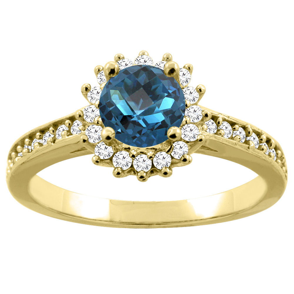 14K Gold Natural London Blue Topaz Floral Halo Diamond Engagement Ring Round 6mm, sizes 5 - 10