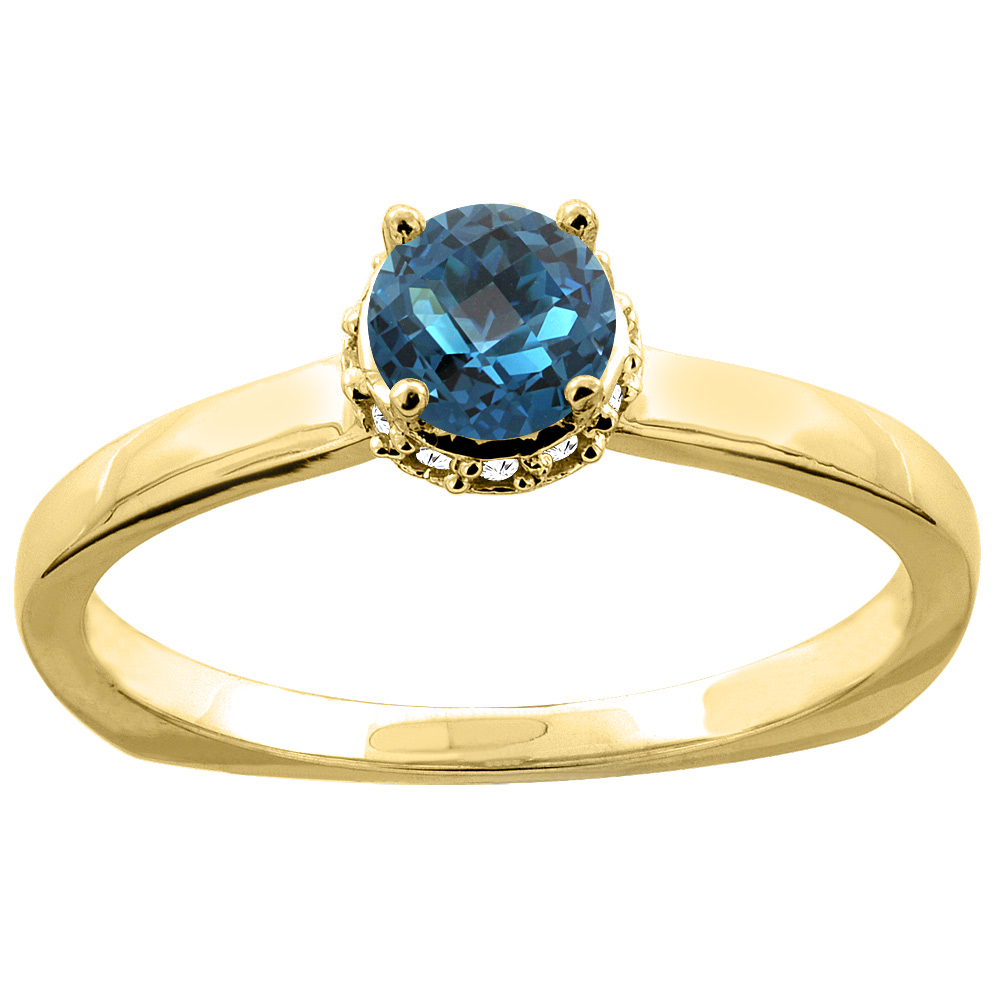 14K Yellow Gold Natural London Blue Topaz Solitaire Engagement Ring Round 4mm Diamond Accents, size 5.5