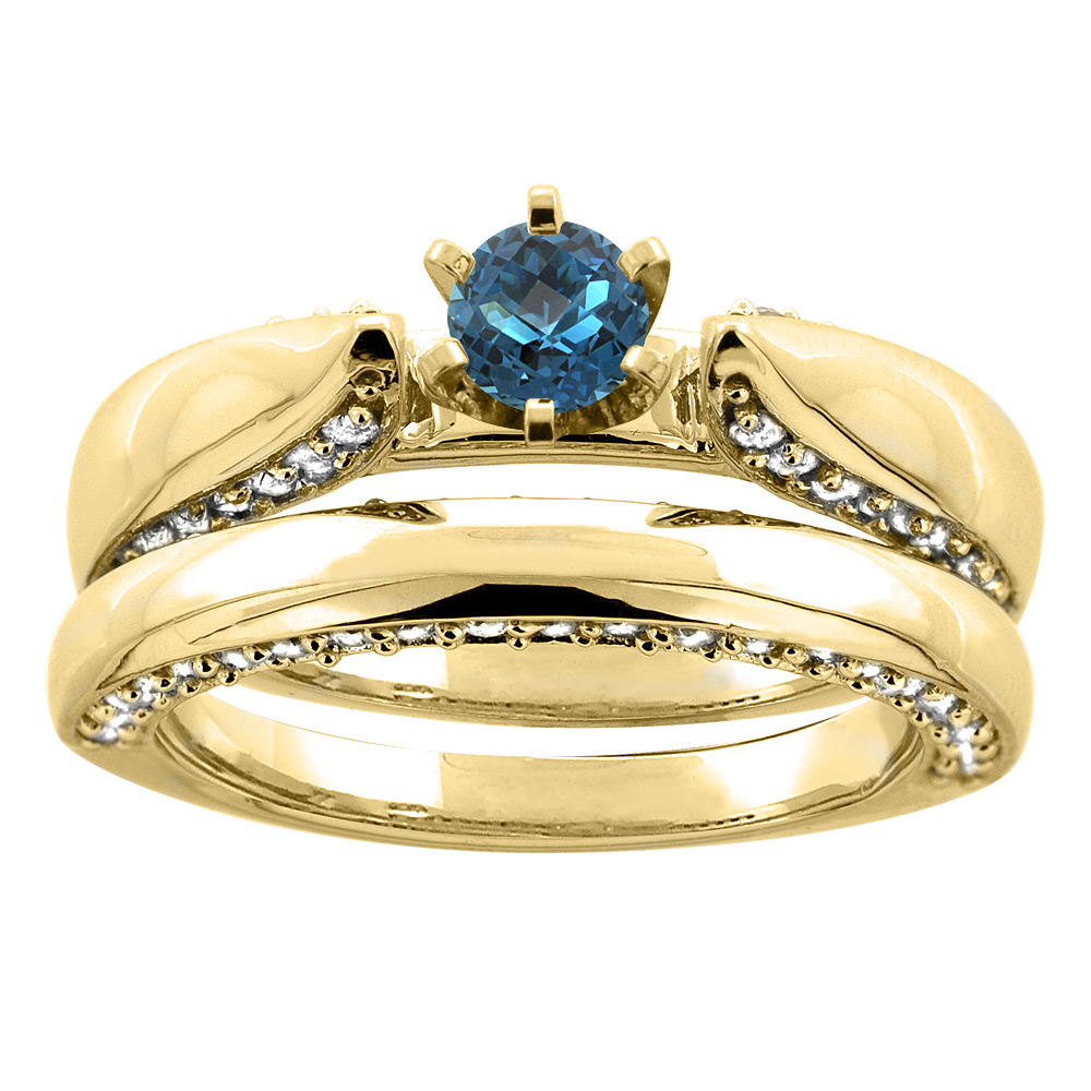 14K Yellow Gold Natural London Blue Topaz 2-piece Bridal Ring Set Diamond Accents Round 5mm, sizes 5 - 10