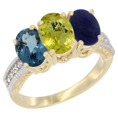 10K Yellow Gold Diamond Natural London Blue Topaz, Coral & Lapis Ring 3-Stone Oval 7x5 mm, sizes 5 - 10
