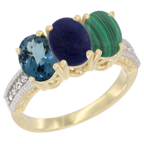 14K Yellow Gold Natural London Blue Topaz, Lapis & Malachite Ring 3-Stone 7x5 mm Oval Diamond Accent, sizes 5 - 10