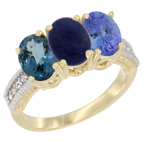 14K Yellow Gold Natural London Blue Topaz, Lapis & Tanzanite Ring 3-Stone 7x5 mm Oval Diamond Accent, sizes 5 - 10