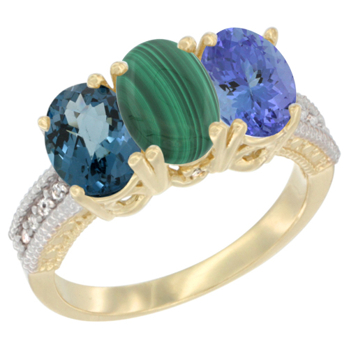 14K Yellow Gold Natural London Blue Topaz, Malachite & Tanzanite Ring 3-Stone 7x5 mm Oval Diamond Accent, sizes 5 - 10