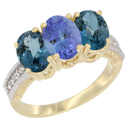10K Yellow Gold Diamond Natural Tanzanite & London Blue Topaz Ring 3-Stone Oval 7x5 mm, sizes 5 - 10