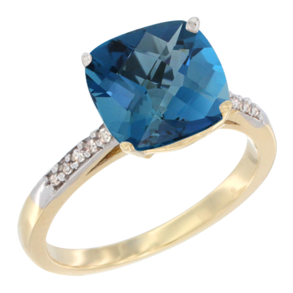 10K Yellow Gold Natural London Blue Topaz Ring Cushion-cut 9 mm Diamond accent, sizes 5 - 10