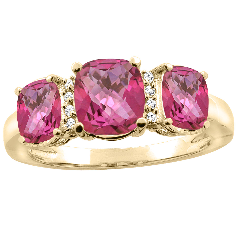 10K Yellow Gold Natural Pink Topaz 3-stone Ring Cushion 8x6mm Diamond Accent, sizes 5 - 10