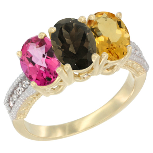 14K Yellow Gold Natural Pink Topaz, Smoky Topaz & Citrine Ring 3-Stone 7x5 mm Oval Diamond Accent, sizes 5 - 10