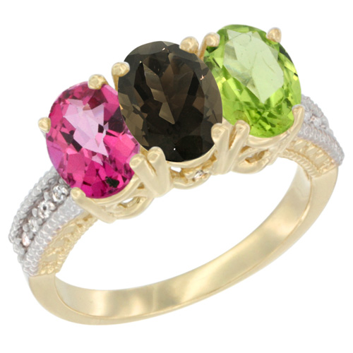 14K Yellow Gold Natural Pink Topaz, Smoky Topaz & Peridot Ring 3-Stone 7x5 mm Oval Diamond Accent, sizes 5 - 10
