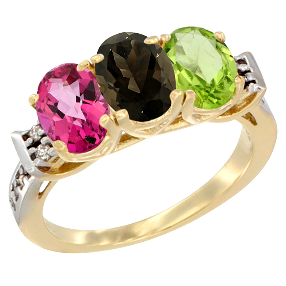 14K Yellow Gold Natural Pink Topaz, Smoky Topaz & Peridot Ring 3-Stone 7x5 mm Oval Diamond Accent, sizes 5 - 10