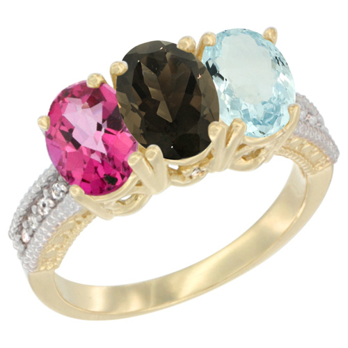 14K Yellow Gold Natural Pink Topaz, Smoky Topaz & Aquamarine Ring 3-Stone 7x5 mm Oval Diamond Accent, sizes 5 - 10