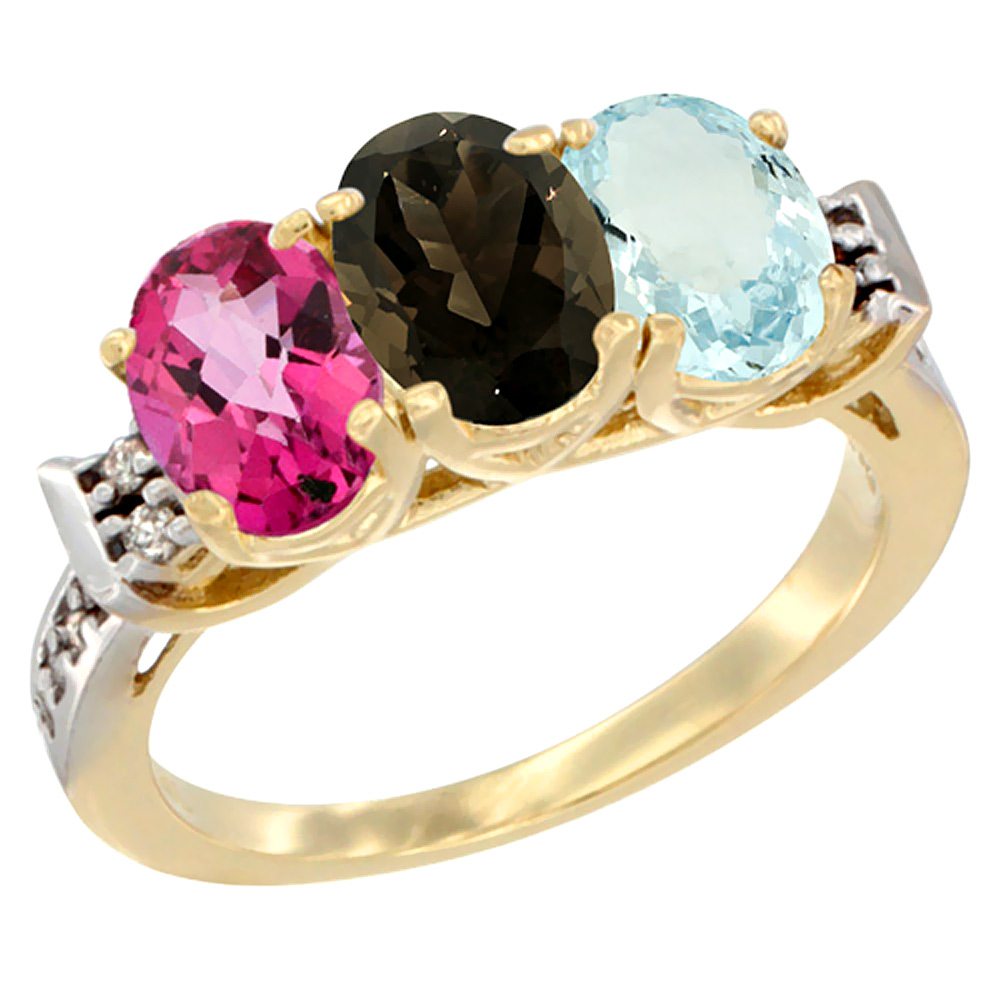 14K Yellow Gold Natural Pink Topaz, Smoky Topaz & Aquamarine Ring 3-Stone 7x5 mm Oval Diamond Accent, sizes 5 - 10