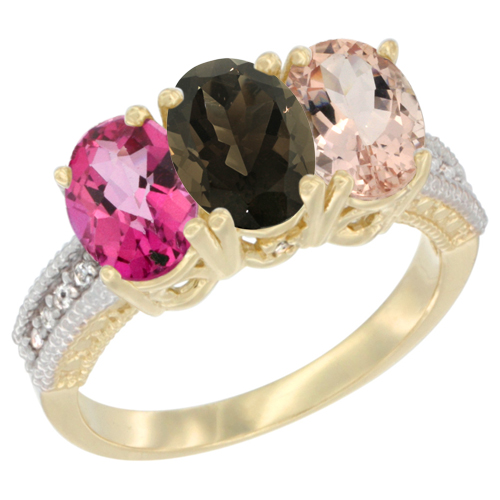14K Yellow Gold Natural Pink Topaz, Smoky Topaz & Morganite Ring 3-Stone 7x5 mm Oval Diamond Accent, sizes 5 - 10