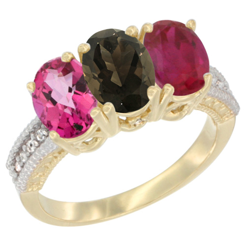 14K Yellow Gold Natural Pink Topaz, Smoky Topaz & Enhanced Ruby Ring 3-Stone 7x5 mm Oval Diamond Accent, sizes 5 - 10