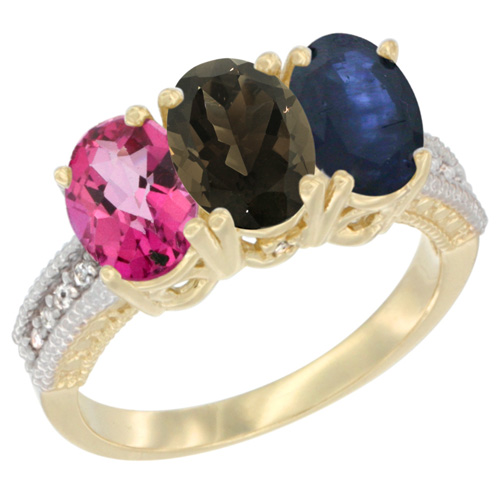 14K Yellow Gold Natural Pink Topaz, Smoky Topaz & Blue Sapphire Ring 3-Stone 7x5 mm Oval Diamond Accent, sizes 5 - 10