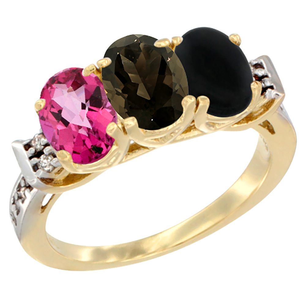 14K Yellow Gold Natural Pink Topaz, Smoky Topaz & Black Onyx Ring 3-Stone 7x5 mm Oval Diamond Accent, sizes 5 - 10