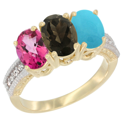 14K Yellow Gold Natural Pink Topaz, Smoky Topaz & Turquoise Ring 3-Stone 7x5 mm Oval Diamond Accent, sizes 5 - 10