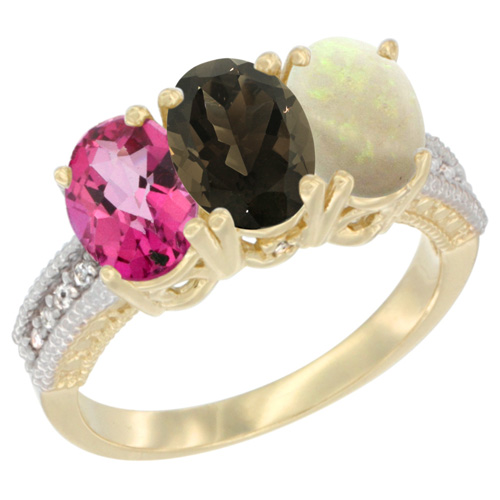 14K Yellow Gold Natural Pink Topaz, Smoky Topaz & Opal Ring 3-Stone 7x5 mm Oval Diamond Accent, sizes 5 - 10