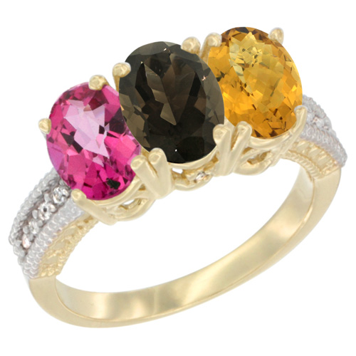 14K Yellow Gold Natural Pink Topaz, Smoky Topaz & Whisky Quartz Ring 3-Stone 7x5 mm Oval Diamond Accent, sizes 5 - 10