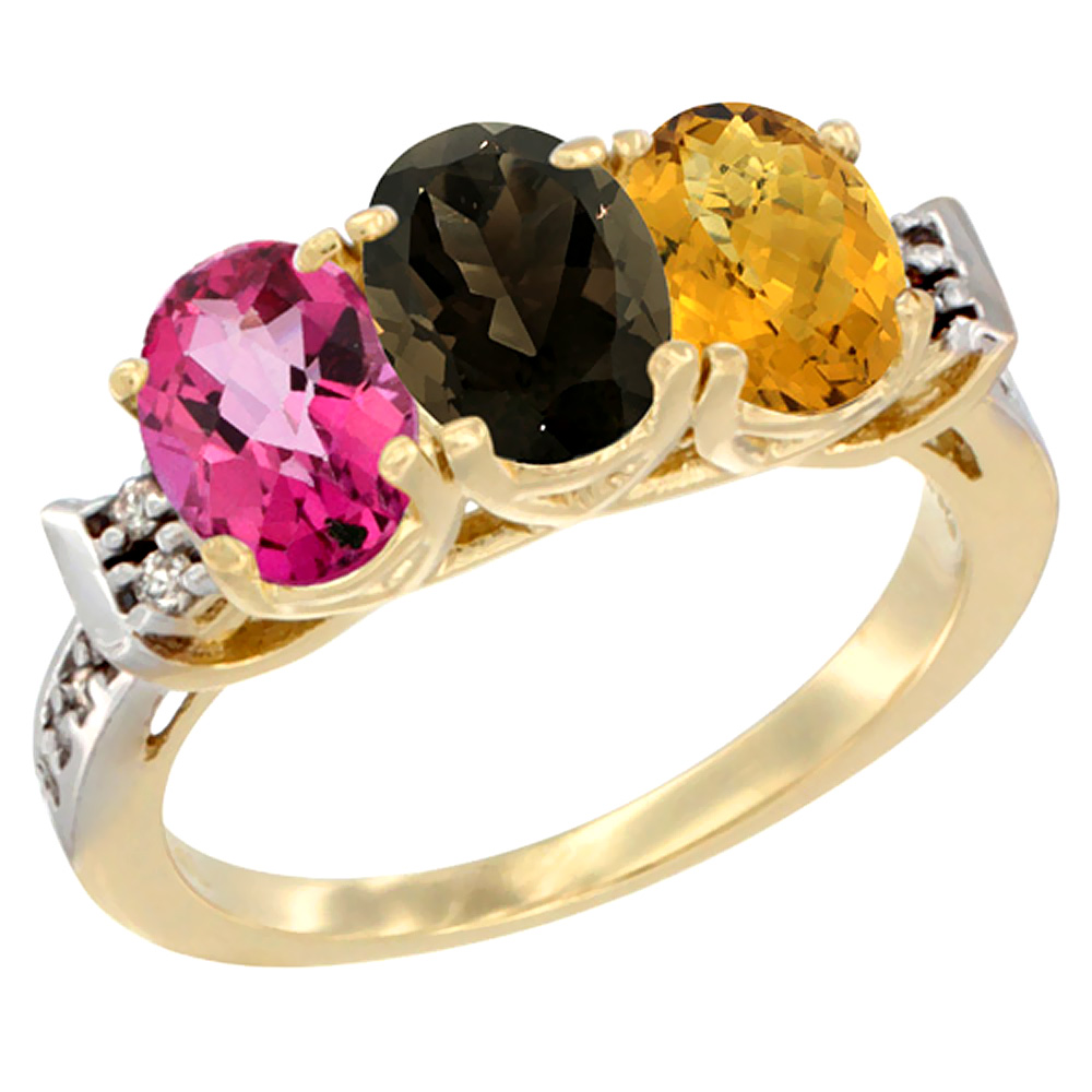 14K Yellow Gold Natural Pink Topaz, Smoky Topaz & Whisky Quartz Ring 3-Stone 7x5 mm Oval Diamond Accent, sizes 5 - 10