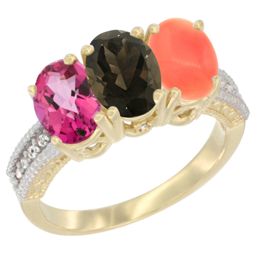 10K Yellow Gold Diamond Natural Pink Topaz, Smoky Topaz & Coral Ring 3-Stone Oval 7x5 mm, sizes 5 - 10