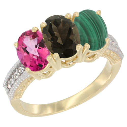 10K Yellow Gold Diamond Natural Pink Topaz, Smoky Topaz & Malachite Ring 3-Stone Oval 7x5 mm, sizes 5 - 10