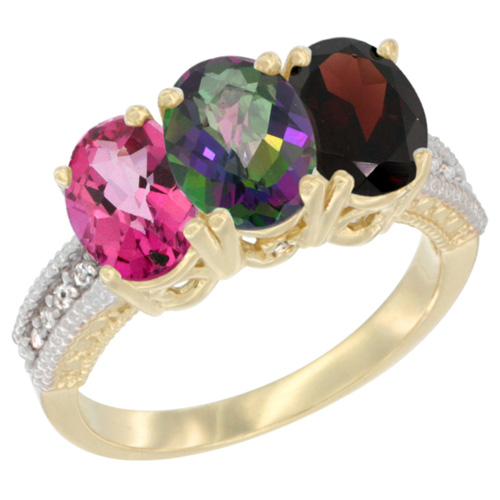 14K Yellow Gold Natural Pink Topaz, Mystic Topaz & Garnet Ring 3-Stone 7x5 mm Oval Diamond Accent, sizes 5 - 10