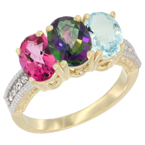 14K Yellow Gold Natural Pink Topaz, Mystic Topaz & Aquamarine Ring 3-Stone 7x5 mm Oval Diamond Accent, sizes 5 - 10