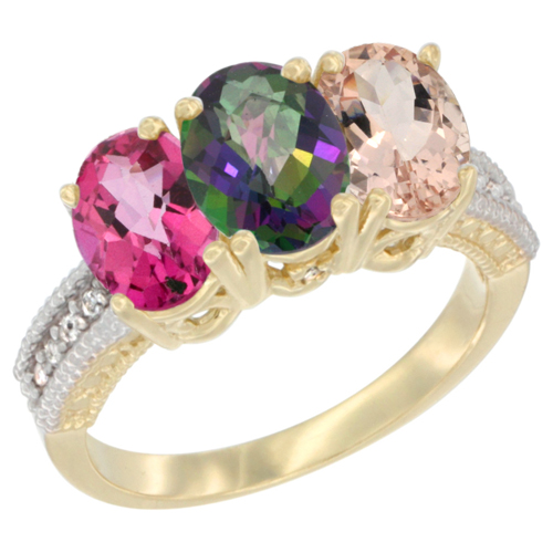14K Yellow Gold Natural Pink Topaz, Mystic Topaz & Morganite Ring 3-Stone 7x5 mm Oval Diamond Accent, sizes 5 - 10