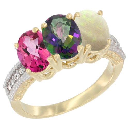 10K Yellow Gold Diamond Natural Pink Topaz, Mystic Topaz & Opal Ring 3-Stone Oval 7x5 mm, sizes 5 - 10