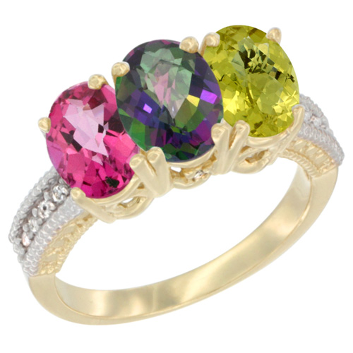 10K Yellow Gold Diamond Natural Pink Topaz, Mystic Topaz & Lemon Quartz Ring 3-Stone Oval 7x5 mm, sizes 5 - 10