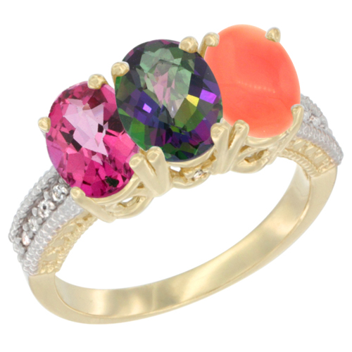 10K Yellow Gold Diamond Natural Pink Topaz, Mystic Topaz & Coral Ring 3-Stone Oval 7x5 mm, sizes 5 - 10