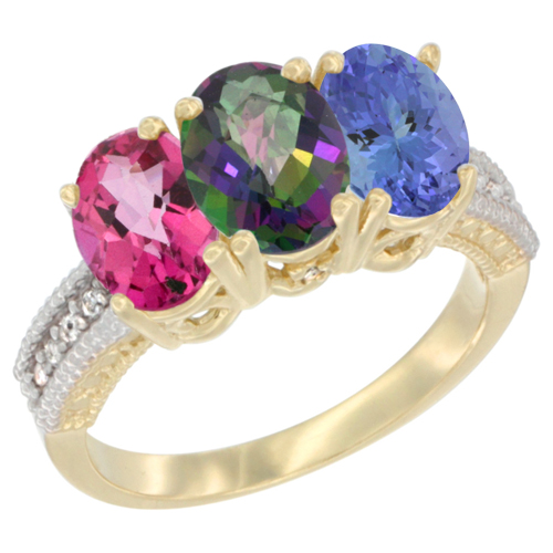 10K Yellow Gold Diamond Natural Pink Topaz, Mystic Topaz & Tanzanite Ring 3-Stone Oval 7x5 mm, sizes 5 - 10