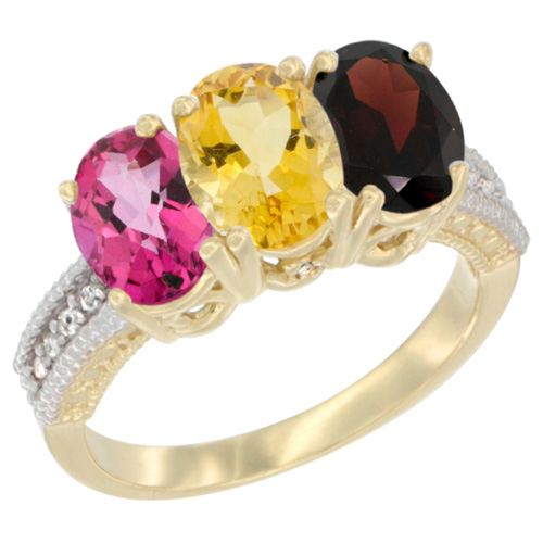 10K Yellow Gold Diamond Natural Pink Topaz, Citrine & Garnet Ring 3-Stone Oval 7x5 mm, sizes 5 - 10