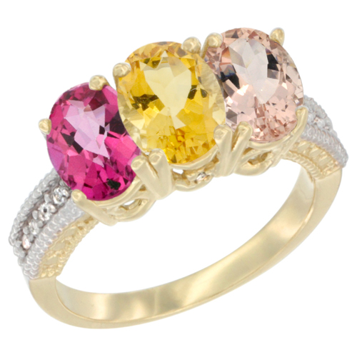 10K Yellow Gold Diamond Natural Pink Topaz, Citrine & Morganite Ring 3-Stone Oval 7x5 mm, sizes 5 - 10