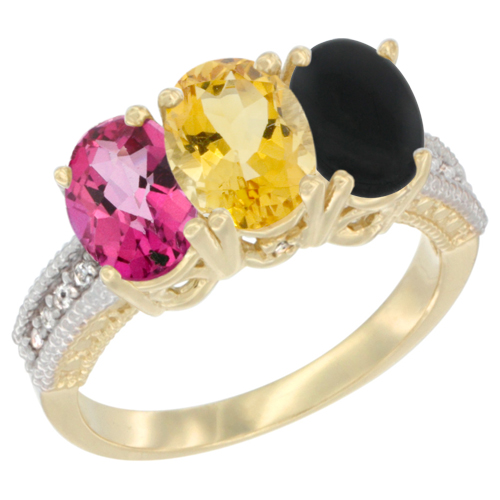 10K Yellow Gold Diamond Natural Pink Topaz, Citrine & Black Onyx Ring 3-Stone Oval 7x5 mm, sizes 5 - 10