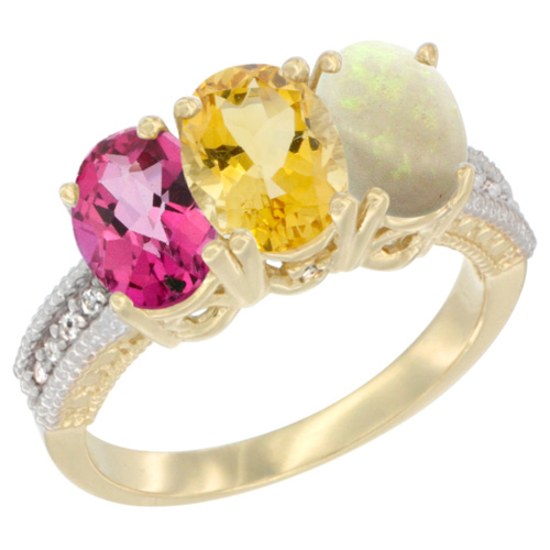 10K Yellow Gold Diamond Natural Pink Topaz, Citrine & Opal Ring 3-Stone Oval 7x5 mm, sizes 5 - 10