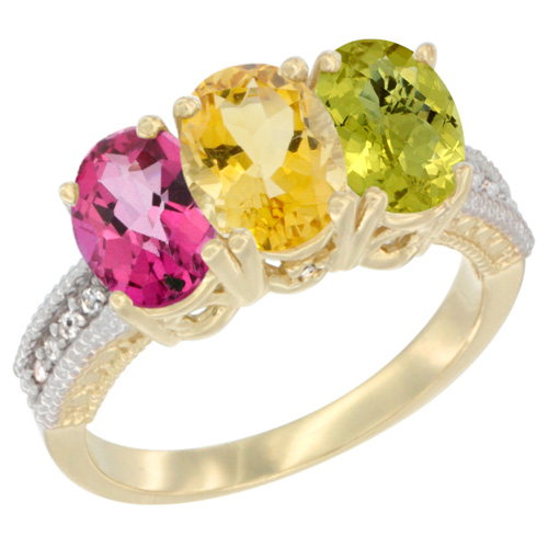 10K Yellow Gold Diamond Natural Pink Topaz, Citrine & Lemon Quartz Ring 3-Stone Oval 7x5 mm, sizes 5 - 10