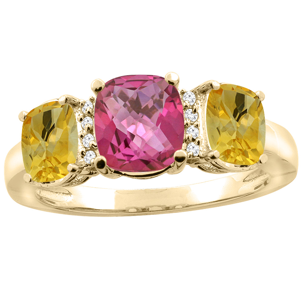 10K Yellow Gold Natural Pink Topaz & Citrine 3-stone Ring Cushion 8x6mm Diamond Accent, sizes 5 - 10